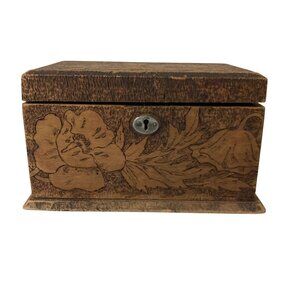 Antique Flemish Art Nouveau Wood Pyrography Box With Floral Poppies Design